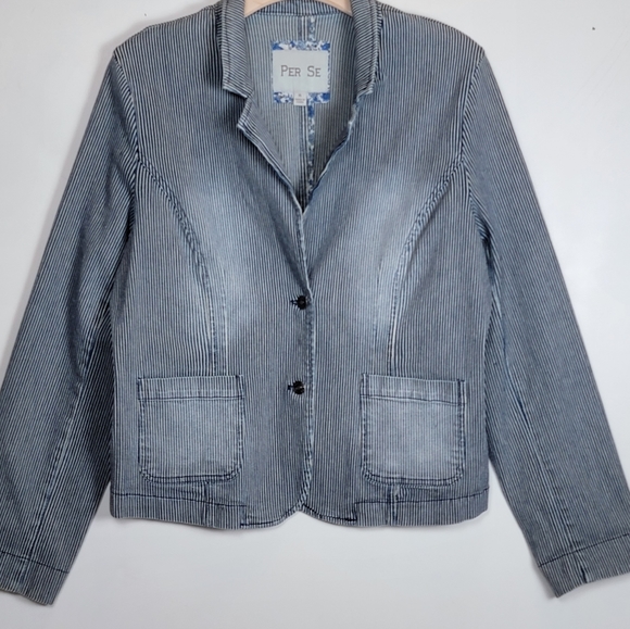 Per Se Pinstripe Distressed Cotton Blazer With Contrasting Cuff Print, EUC, szXL - Picture 10 of 10